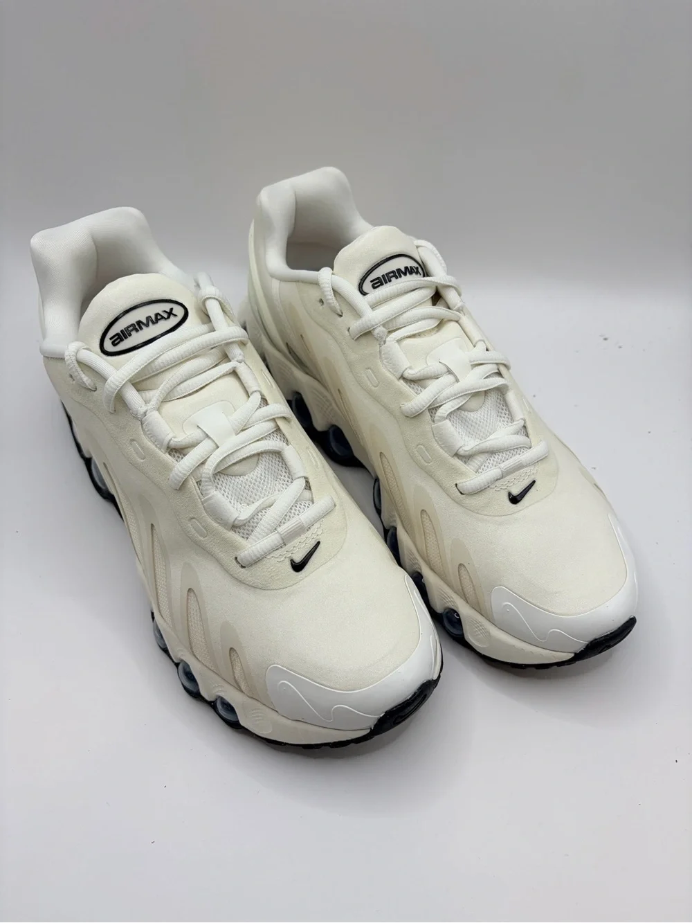 Nike Womens Air Max DN8 Sail Black Fossil White Sneakers with Black Swoosh
